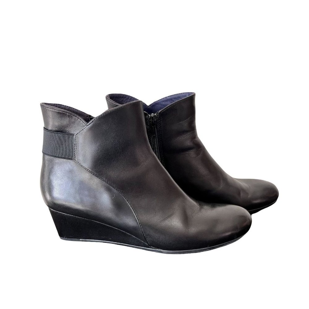 Vaneli  Ankle Booties Sz 9N Black Patent Leather Almond Toe Wedge Heel Zip